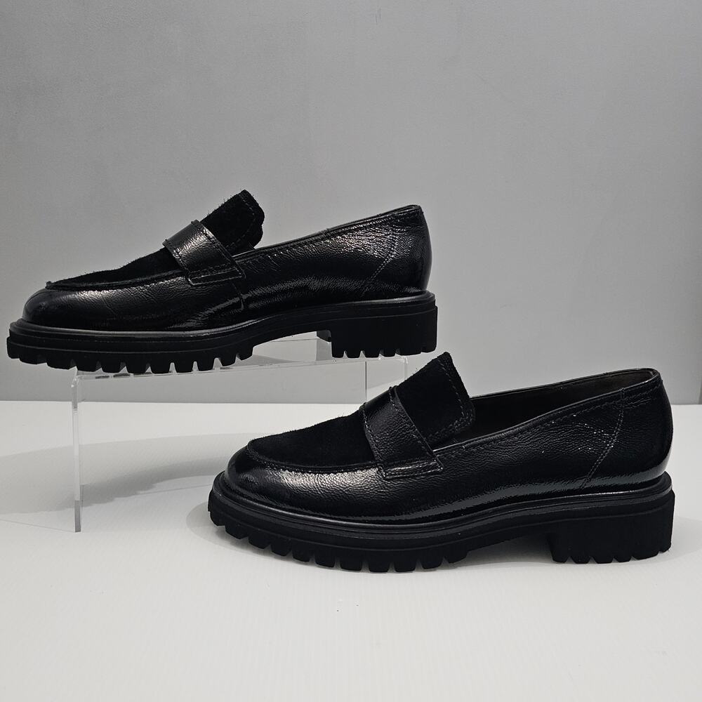 Paul Green Black Leather and Suede Lug Sole Loafers - Picture 2 of 13